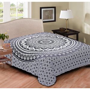 2 persoons sprei - katoenen beddensprei - Mandala - Grijs/zwart/wit - zomerdeken - dun laken