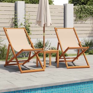 The Living Store Strandstroelen 2 st inklapbaar stof en massief hout beige - Strandstoel - Lounge Stoel - Tuinset - Buitensteun - Teak Hout