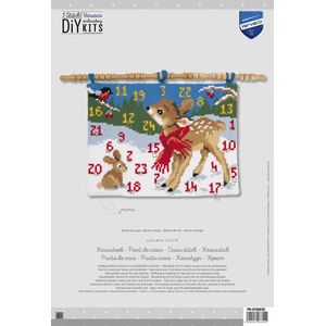 Vervaco - Kruissteekwandtapijt kit met 24 gouden ringen - Winterlandschap met een Bambi, vogel en konijn, Adventskalender - PN-0165639