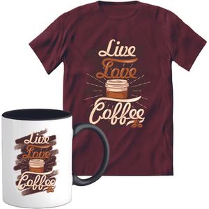 T-Shirtknaller T-Shirt met Koffiemok | Live Love Coffee - Koffie Kleding | Heren / Dames Shirt met Mok Cadeau | Kleur rood | Maat XXL