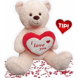 Teddybeer met Hart “I Love You” Pluche Knuffel (Beige) 75 cm [valentijn cadeautje voor hem haar – valentijnsdag decoratie cadeau man vrouw - i love you teddybeer knuffelbeer – rozen beer xxl – liefdes beertje - valentijnsdag knuffel]