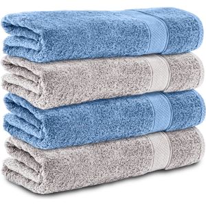 Komfortec Handdoekenset 4x Badhanddoek 70x140 cm - 100% Katoen - -Silber-Hellblau