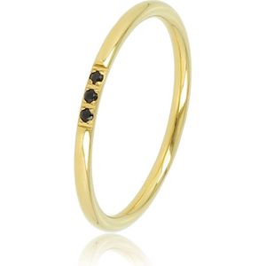 My Bendel minimalistische goudkleurige ring met drie fijne zwarte glasstenen - Fijne edelstalen aanschuifring met drie zirkonia stenen - Met luxe cadeauverpakking
