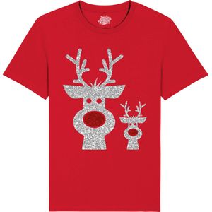 Rendier Buddies - Foute Kersttrui Kerstcadeau - Dames / Heren / Unisex Kleding - Grappige Kerst Outfit - Glitter Look - T-Shirt - Unisex - Rood - Maat XXL