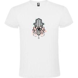 Wit T-shirt met Hamsa Hand in Roze en zacht Groen size 4Xl