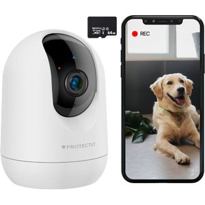 Protectly® Beveiligingscamera binnen - Huisdiercamera met app - Petcam - Hondencamera - Met WiFi APP - 2K 3MP Ultra HD - Volgt beweging en geluidsdetectie - Indoor Camera - Incl. 64GB SD - Wit