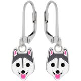 Oorbellen meisje | Zilveren kinderoorbellen | Zilveren oorhangers, husky kop met zwarte onyx ogen