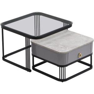 Stapelbare salontafel: hoogglans marmerlook en glazen blad, zwarte poten, bijzettafel met lades in een set van 2
