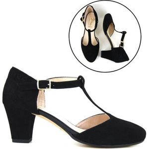 Stravers - Pumps met T-Bandje Maat 42 Zwart Suede Grote Maten Damesschoenen