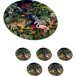 Onderzetters voor glazen - Rond - Jungle dieren - Natuur - Jongens - Meisjes - Flamingo - Zebra - 10x10 cm - Glasonderzetters - 6 stuks