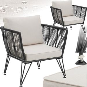 tectake® Set van 2 loungestoelen - Wicker tuinstoelen met dikke kussens - Stijlvolle tuinmeubelset voor balkon, tuin, serre of terras - Comfortabele en compacte lounge tuinstoelen