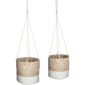 Hangende Rieten Mand Zeegras Naturel Wit Set van 2