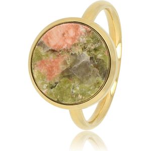 *My Bendel - Ring goud met ronde grote Unakite - Prachtige gouden ring met kleurrijke Unakite edelsteen - Met luxe cadeauverpakking