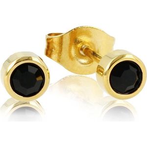Oorsteker goudkleurig met zwarte zirkonia steen - 4 mm - Goudkleurige oorbellen met ronde steen van zwart zirkonia - Met luxe cadeauverpakking