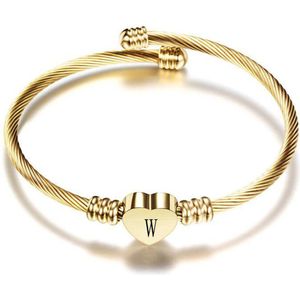 24/7 Jewelry Collection Hart Armband met Letter - Bangle - Initiaal - Goudkleurig - Letter W