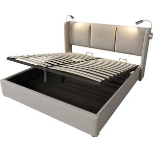 Merax Gestoffeerd Bed met Opbergruimte - USB Oplaadfunctie en Leselamp - 160x200 cm - Beige - Houten Lattenbodem