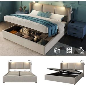 Merax Gestoffeerd Tweepersoonsbed 160x200 cm - Kingsize Bed met Opbergruimte - Bedframe met Leeslamp en USB Oplaadfunctie - Beige