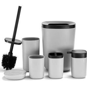 6-delige moderne badkameraccessoireset, badkamerafvalemmerset, bevat toiletborstel, tandenborstelhouder, tandenborstelbeker, zeepbakje, vuilnisemmer, lotion dispenser, grijs