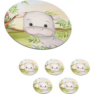 Onderzetters voor glazen - Rond - Nijlpaard - Jungle - Bladeren - 10x10 cm - Glasonderzetters - 6 stuks