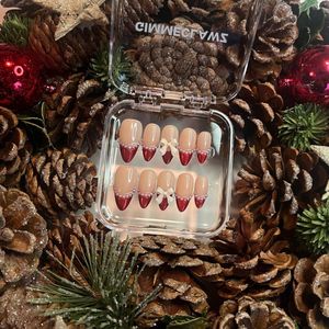 Press On Nails - Handgemaakte Press On Nagels - Metalen Rode French Tip Nagels - Merry Glam - Kerstnagels - Nieuwjaarsnagels - Maat XS