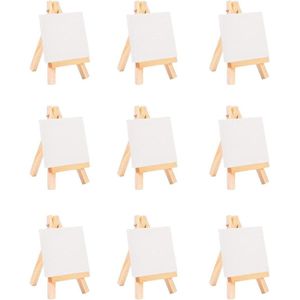 9 stuks mini canvas met schildersezel, houten tafelschildersezel, 10 x 10 cm, canvas met 15 x 8 cm, mini-ezel, kleine tafelschildersezel, houten statief om te tekenen, tafeldecoratie en