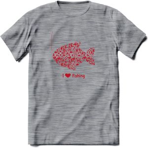 I Love Fishing - Vissen T-Shirt | Rood | Grappig Verjaardag Vis Hobby Cadeau Shirt | Dames - Heren - Unisex | Tshirt Hengelsport Kleding Kado - Donker Grijs - Gemaleerd - L