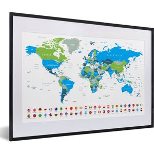 Fotolijst incl. Poster - Wereldkaart - Vlag - Blauw - Groen - 60x40 cm - Posterlijst