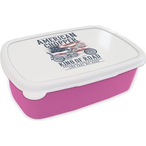 Broodtrommel Roze - Lunchbox - Brooddoos - Mancave - Motor - Vintage - Amerika - Vlag - 18x12x6 cm - Kinderen - Meisje