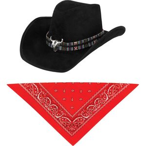 Carnaval verkleedset luxe model cowboyhoed Rodeo - zwart - en rode hals zakdoek - voor volwassenen