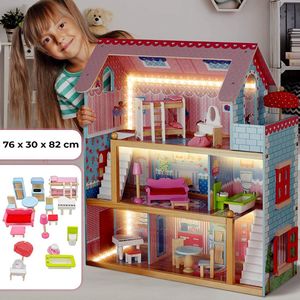 Trend24 Houten Poppenhuis - Poppenvilla - 3 Verdiepingen - Incl. accessoires - LED-verlichting