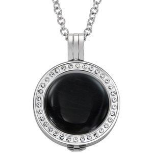 Quiges - Munthouder met Ketting en Munt 25mm Cat's Eye Zwart - RVS Zilverkleurig met Zirkonia - EPRHZ538