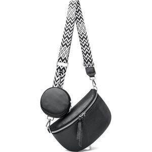 Crossbody tas voor dames - Zwart/wit - 24 x 15 x 5 cm - Schoudertas voor vrouwen - Met aztec schouderband - Waterbestendig - Met afneembare schouderriem - Handtas met rits - Verwijderbare schouderriem - Zilveren hardware - Telefoontas