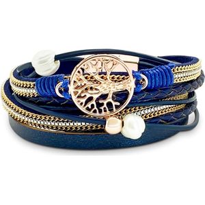 Armband Dames Rosegoud- Leren Wikkelarmband Galeara design Rosekleurig met blauw Dames Levensboom 19,5cm - Galeara design