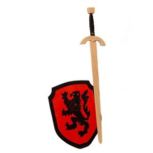 Houten roofridder zwaard met ridderschild rood zwarte leeuw