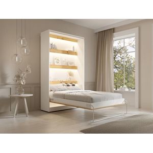 Vente-unique Opklapbaar bed 120 x 200 cm - Handmatige verticale opening - Met ledverlichting - Wit en naturel + matras - RAPILI L 139 cm x H 225.2 cm x D 239.2 cm