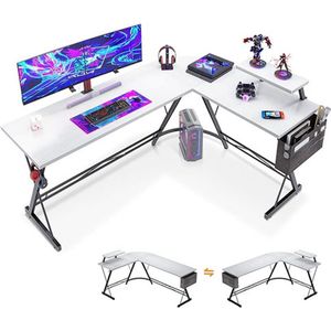 Gamingtafel in L-vorm met ronde hoek, wit, 167 x 120 cm. Hoekbureau met monitorplank, ideaal voor gaming