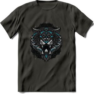 Tijger - Dieren Mandala T-Shirt | Lichtblauw | Grappig Verjaardag Zentangle Dierenkop Cadeau Shirt | Dames - Heren - Unisex | Wildlife Tshirt Kleding Kado | - Donker Grijs - 3XL