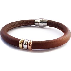 NIEUW! - Jolla - dames wikkel armband - zilver - leer - driekleurig - bedels - Single Tricolor - Camel