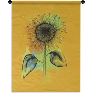 Wandkleed Zonnebloemen Illustraties - Illustratie van een zonnebloem met kleurrijke spetters Wandkleed katoen 120x160 cm - Wandtapijt met foto XXL / Groot formaat!