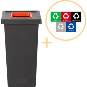 Plafor Fit Bin, Prullenbak voor afvalscheiding - 75L – Zwart/Rood - Inclusief 5-delige Stickerset - Afvalbak voor gemakkelijk Afval Scheiden en Recycling - Afvalemmer - Vuilnisbak voor Huishouden, Keuken en Kantoor - Afvalbakken - Recyclen