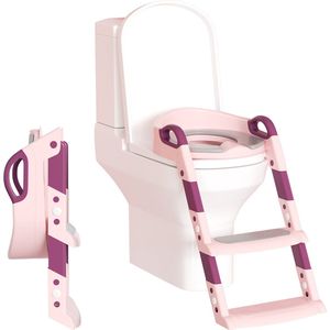 Toilettrainer voor kinderen met trap opvouwbare potjestrainer wc-trainer in hoogte verstelbaar, met PU gevoerd, kussen en handgrepen potje