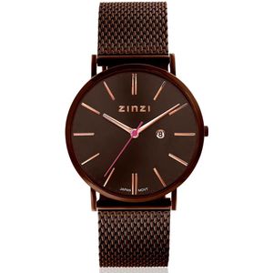 ZINZI Retro horloge bruin gekleurde wijzerplaat met rosé wijzers en bruine stalen mesh band 38mm extra dun ZIW415M