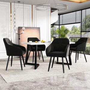 Sweiko Eetgroep, (set, 117 x 68 x 75cm eettafel met 4-stoelen), Moderne keuken eettafel set, zwart fluwelen eetkamerstoelen, kussens stoel ontwerp met rugleuning, wit MDF tafelblad, Zwarte tafelpoten