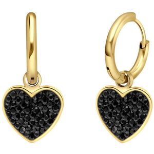 Lucardi Dames Stalen goldplated oorringen hart met kristal zwart - Oorbellen - Staal - Goudkleurig