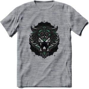 Tijger - Dieren Mandala T-Shirt | Aqua | Grappig Verjaardag Zentangle Dierenkop Cadeau Shirt | Dames - Heren - Unisex | Wildlife Tshirt Kleding Kado | - Donker Grijs - Gemaleerd - XXL