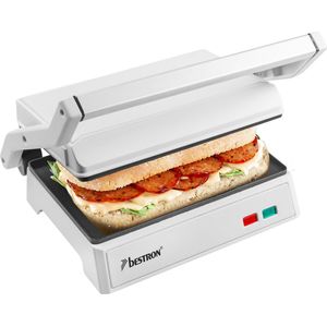 Bestron elektrische tosti apparaat met opvangbak, Contactgrill met Cool-Touch-handgreep & 180° opening, panini grill met antiaanbaklaag, instapmodel, kleur: Wit