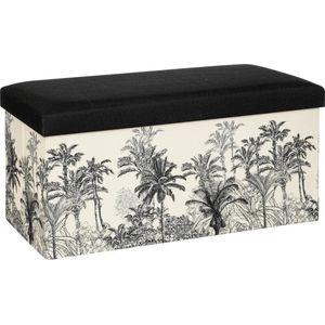 Atmosphera Poef/krukje/hocker Palmtrees - Opvouwbare zit opslag box - creme wit/zwart - 76 x 39 x 39 cm - MDF/polyester