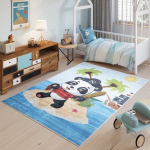 Tapiso Emma Vloerkleed Blauw Kinderkamer Panda Zee Strand Tapijt Maat- 160x230