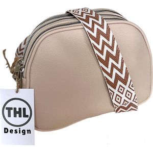 THL Design - Kleine Dames Schoudertas - Klein Tasje - 3 vakken - Bag Strap - Tassenriem bruin / wit - Beige