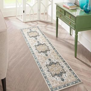 Runner-tapijt, 60 x 210 cm, antislip, lang keukentapijt, wasbare dunne tapijten, vintage medaillontapijt voor woonkamer, slaapkamer, keuken (salieblauw)
